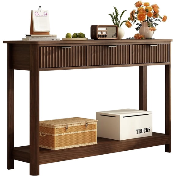 Fluted Wood Console Table with 3 Drawers, Boho Narrow Behind Couch Entryway Table with Open Storage Shelf, Modern Sofa Table for Living Room, Foyer and Hallway (Dark Walnut)