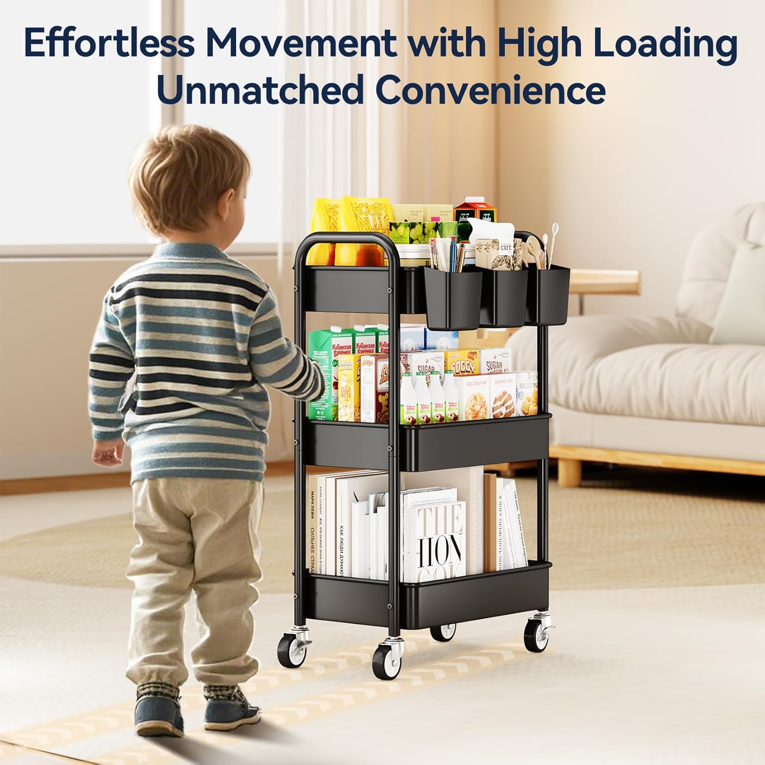 3 Tier Rolling Cart - Metal Utility Cart with Wheels, Hanging Cups, Hooks, Heavy Duty Mesh Rolling Storage Cart Organizer, Craft Cart for Kitchen Office, Lightweight and Sturdy