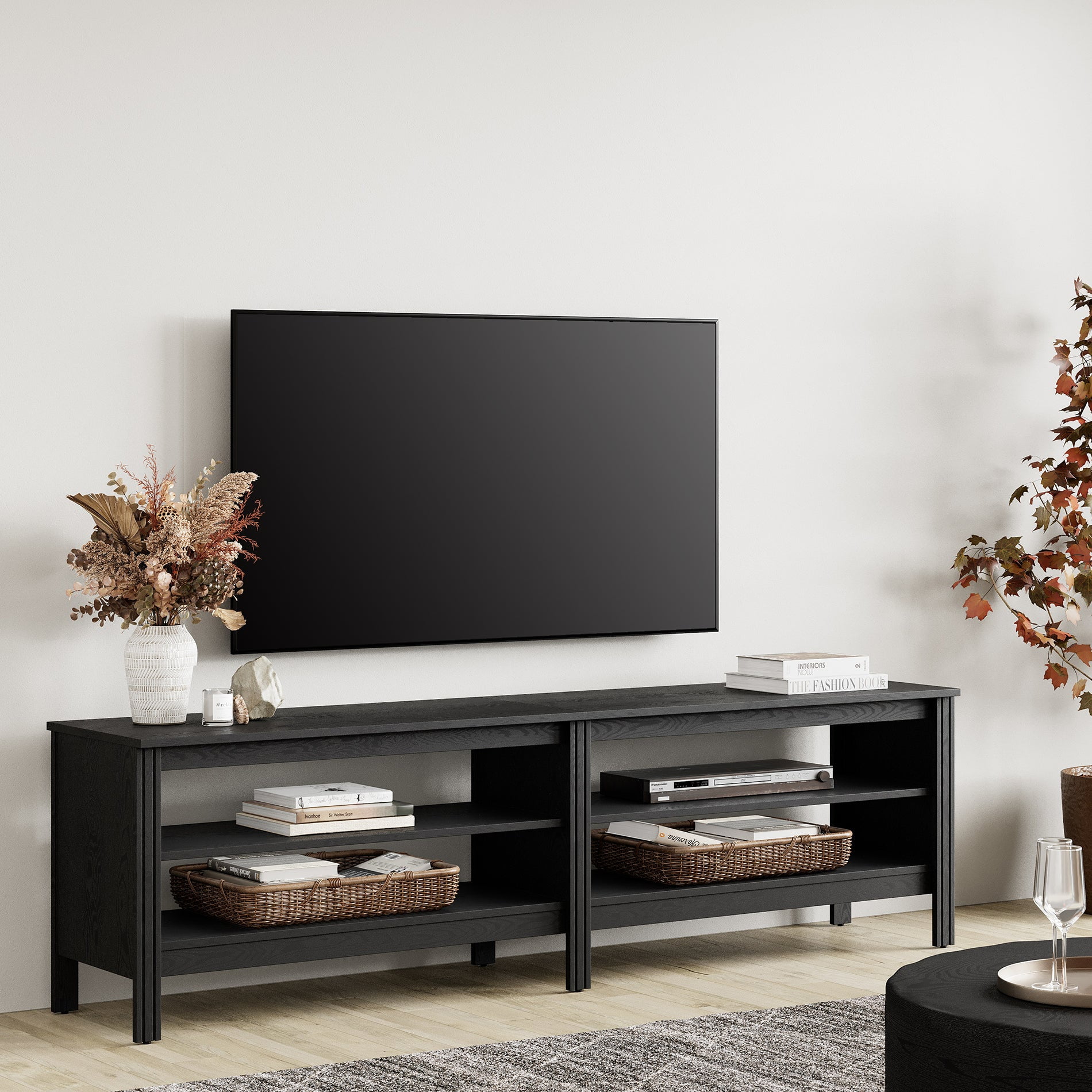 Fitueyes 70" TV Stands for TVs Up to 75 Inch, Media Console with Open Shelves for Living Room, black