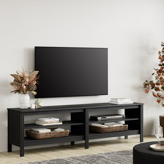 Fitueyes black TV Stand for 75 Inch TV Entertainment Center, Wood TV Table with 2 Open Shelves for Living Room, 70 inch