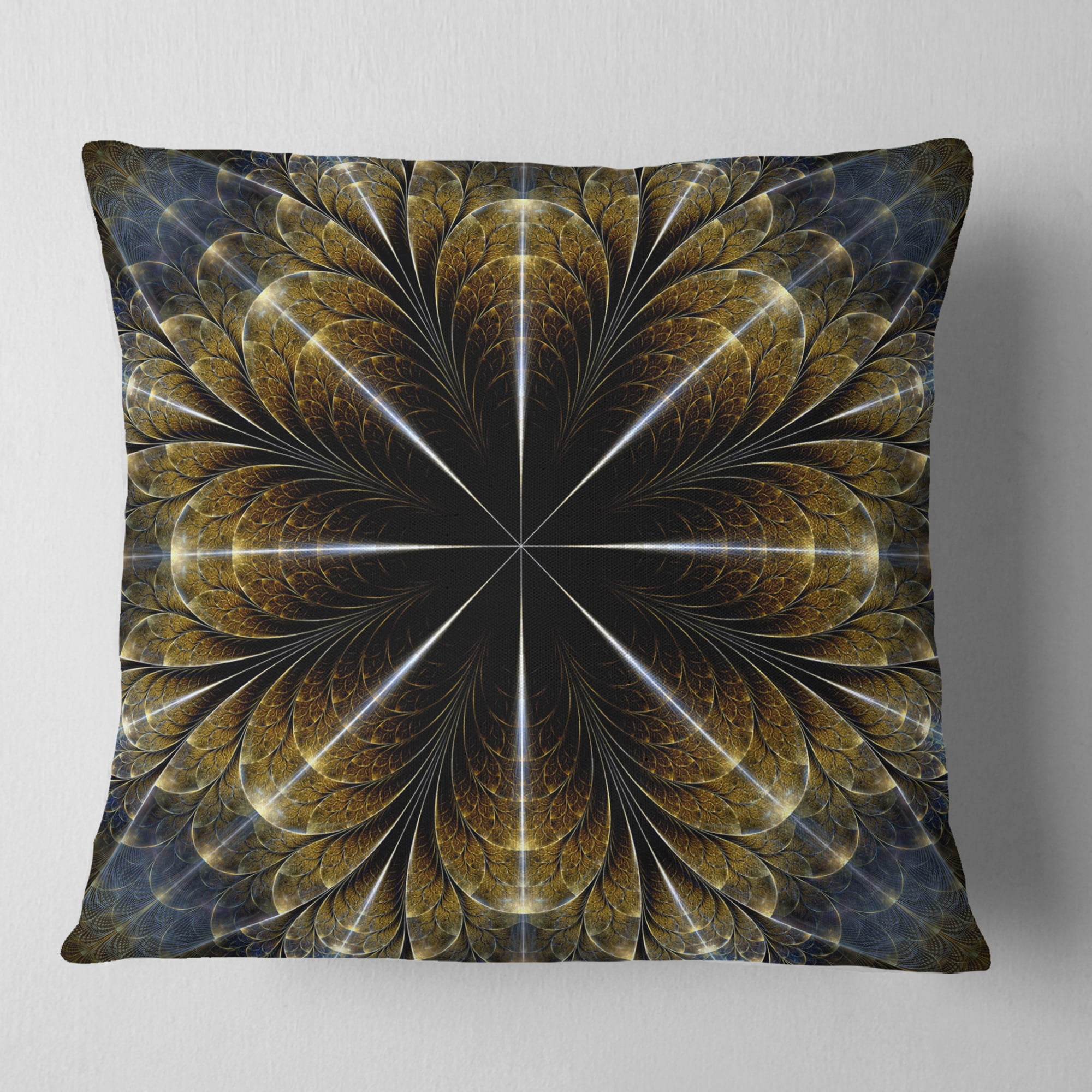 Designart Symmetrical Gold Fractal Flower - Abstract Throw Pillow - 18x18