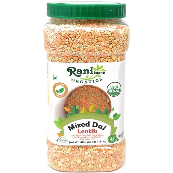 Rani Organic Mixed Dal (Chana Dal, Moong Dal, Toor Dal, Masoor Dal, Urad Dal) 64oz (4lbs) 1.81kg Bulk PET Jar  All Natural | Gluten Friendly | NON-GMO | Kosher | Vegan | Indian Origin | USDA Certifie