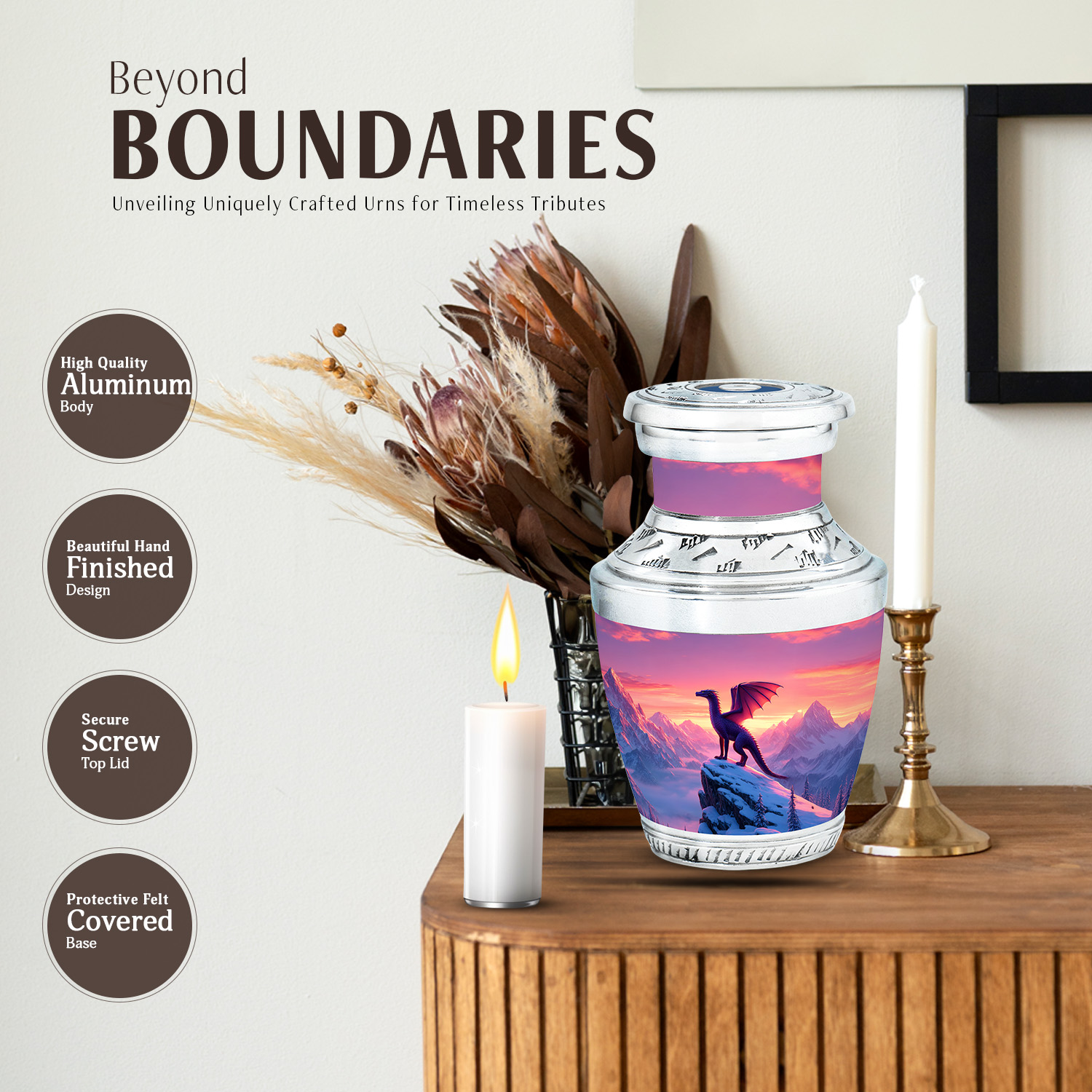 JAGASY Dragon Memorial Urn for Ashes Adult Male & Female, Pink Keepsake Small Urns for Human Ashes, Snowy Mountain & Sunset Decorative Urns for Mother, Cremation Urn for Father, (3 Inch)