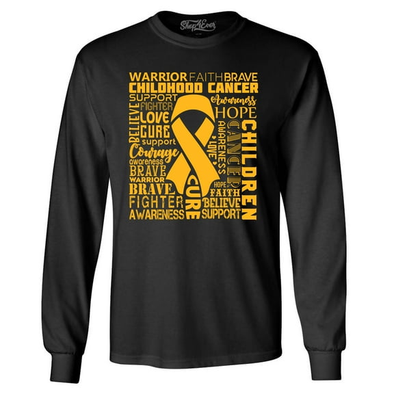 Shop4Ever Men's Childhood Cancer Awareness Gold Ribbon Word Cloud Long Sleeve Shirt 3XL Black