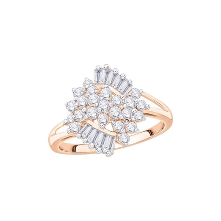 Round and Baguette Cut Diamond Fashion Ring in 14K Rose Gold (1 cttw) (I-Color SI3/I1-Clarity) (Size-8)