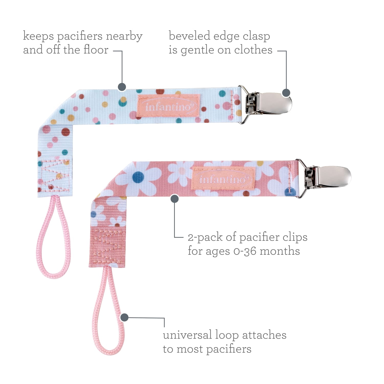 Infantino Pacigrip Universal Pacifier Clips for Infant & Toddler, Bubbly Pink Daisy, 2-Pack