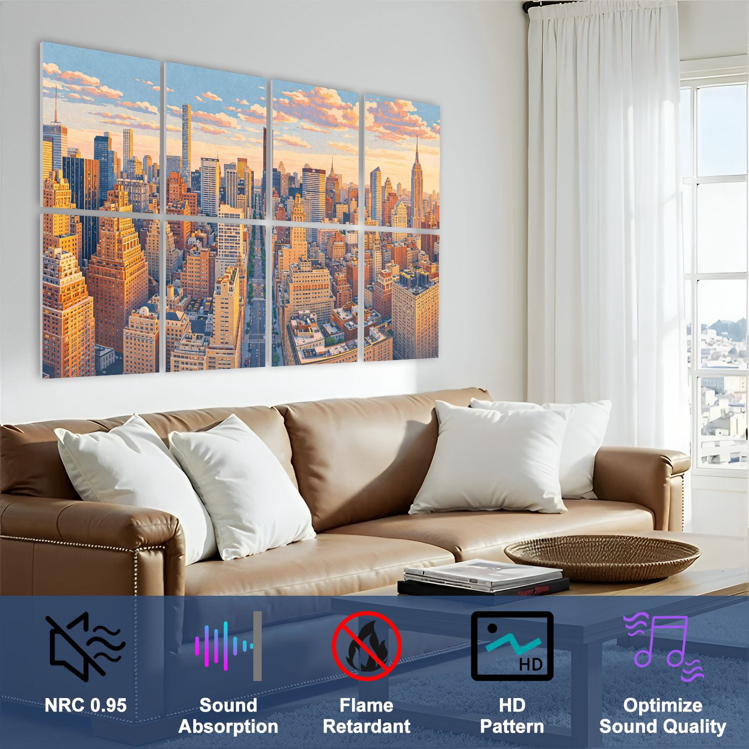 8 Pack Art Acoustic Panels Sound Absorbing New York City NYC Decorative Soundproof Wall Panels Self Adhesive for Nursery Game Room Bedroom 48"x32"