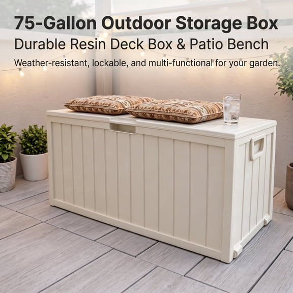 ZEUKMXOO 75-Gallon Outside Storage Box Waterproof, Large Outdoor Storage Bin for Patio Deck Garden, Beige Heavy Duty Container with Lid, Bottom Casters