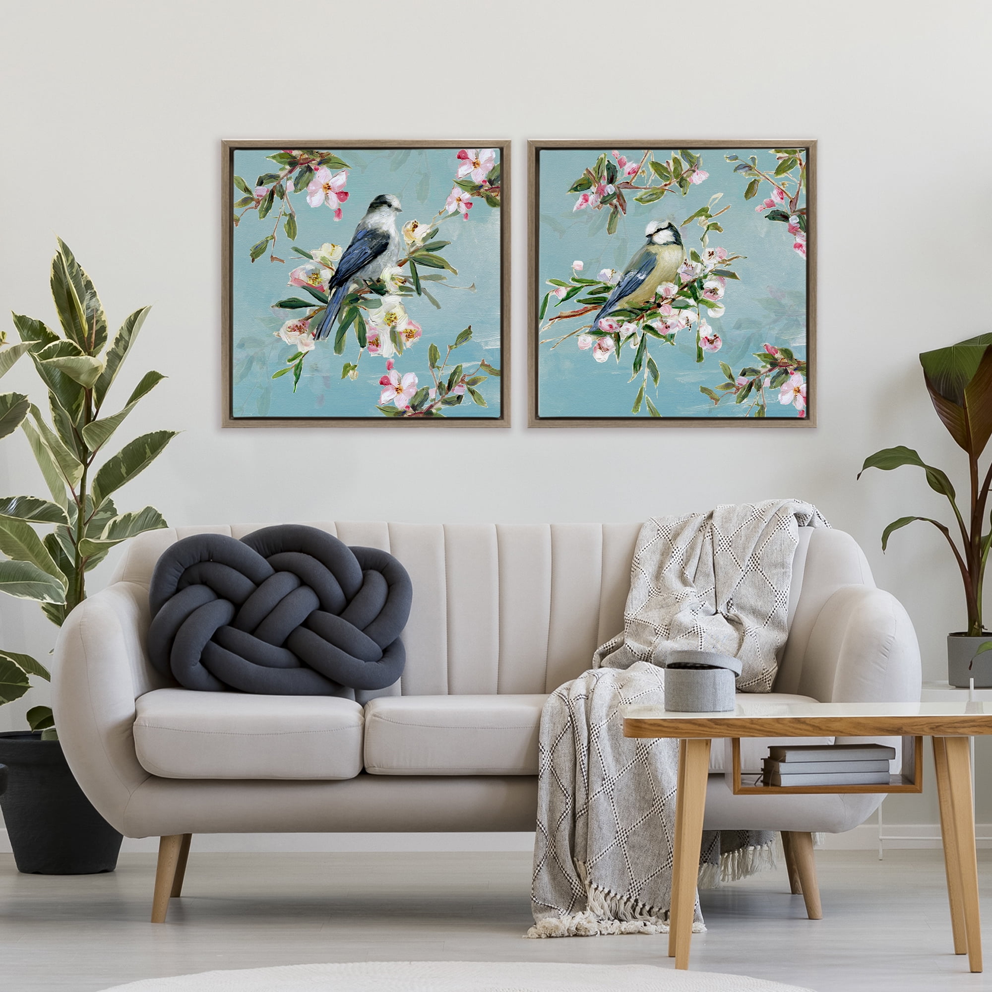 Stupell Industries Songbirds Among Spring Blossoms 2 Piece Brown Framed Floater Canvas Set, design by Sally Swatland