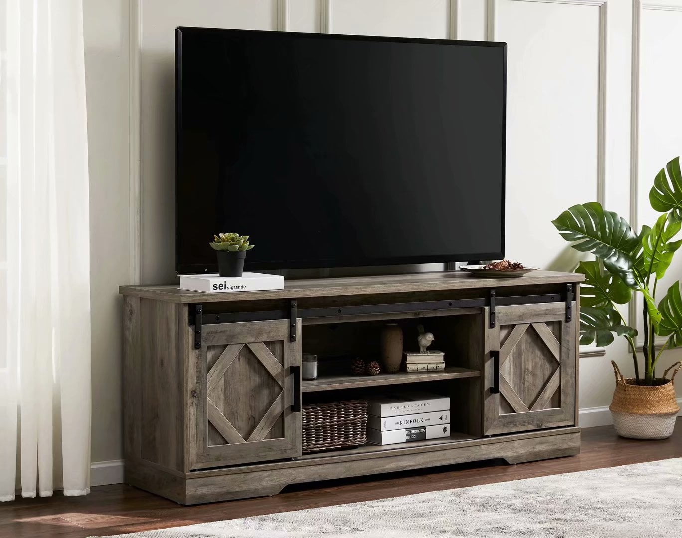 WAMPAT Farmhouse TV Stand for TV up to 65" Barn Door Media ...