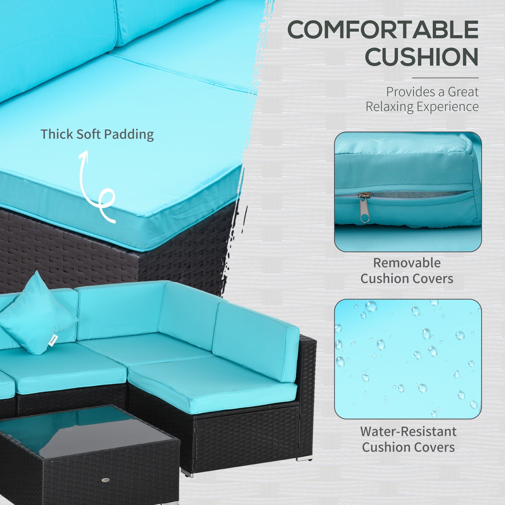 Outsunny 7 Piece Outdoor Patio Furniture Set, PE Rattan Wicker Sectional Sofa Set with Couch Cushions, Pillows, Coffee Table, Turqoise