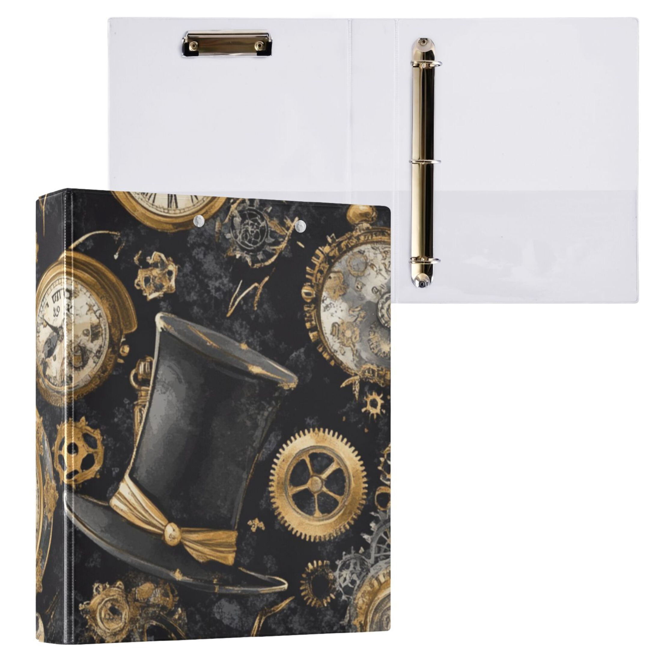 Gold Pocket Watches 3 Ring Binders 1.5 inch Hardcover File Folders with Interior Pockets A4 Size Organizer for School Office Hospital