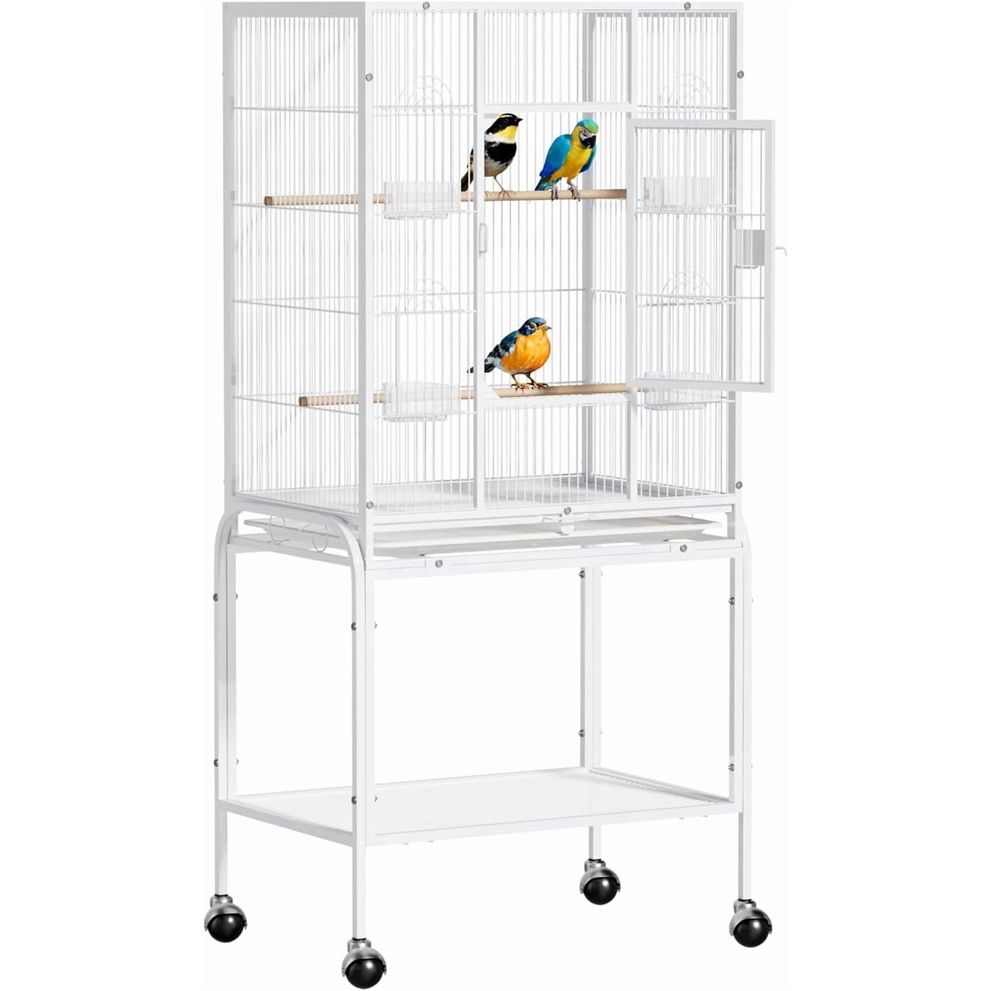 CeXuanTer53-inch Bird Cage with Wheels, Durable Wrought Iron Parakeet Cage with Slide Out Tray, Black Bird Cages for Parakeets/Lovebird/Cockatiels/Budgies and Other Small/Medium Birds (White, 53 inch