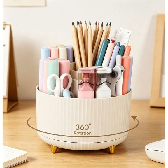 Desk Organizer Rotating Pen Holder,360° Desktop Organizer for Office, Kitchen, Classroom, Art Supplies, Makeup Brushes & More Multi-Compartment Revolving Storage Caddy