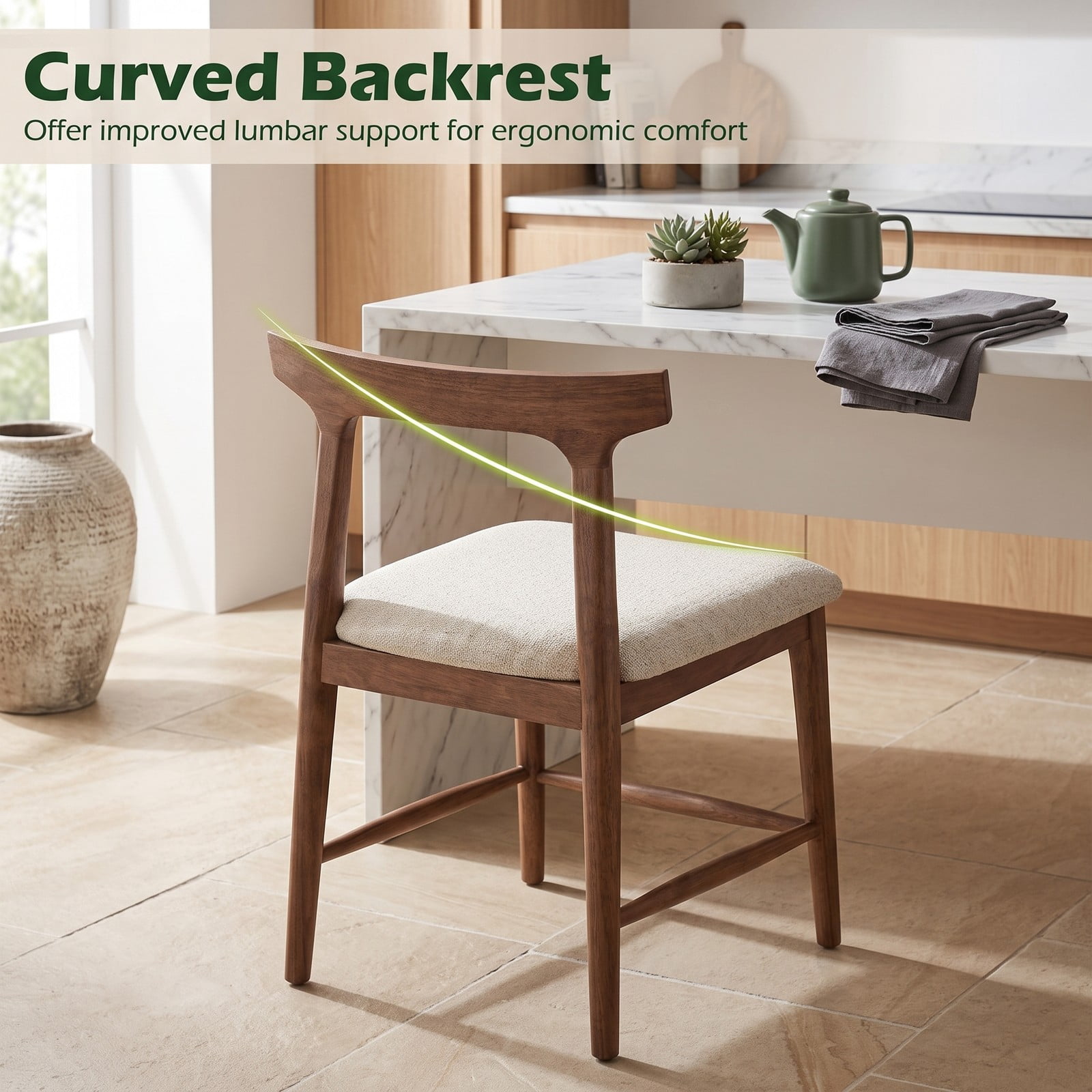 Furnibear Counter Height Bar Stools Set of 2, 24 Inch Solid Rubber Wood Kitchen Island Chairs with Curved Backrest, Upholstered Padded Seat and Built-in, Walnut
