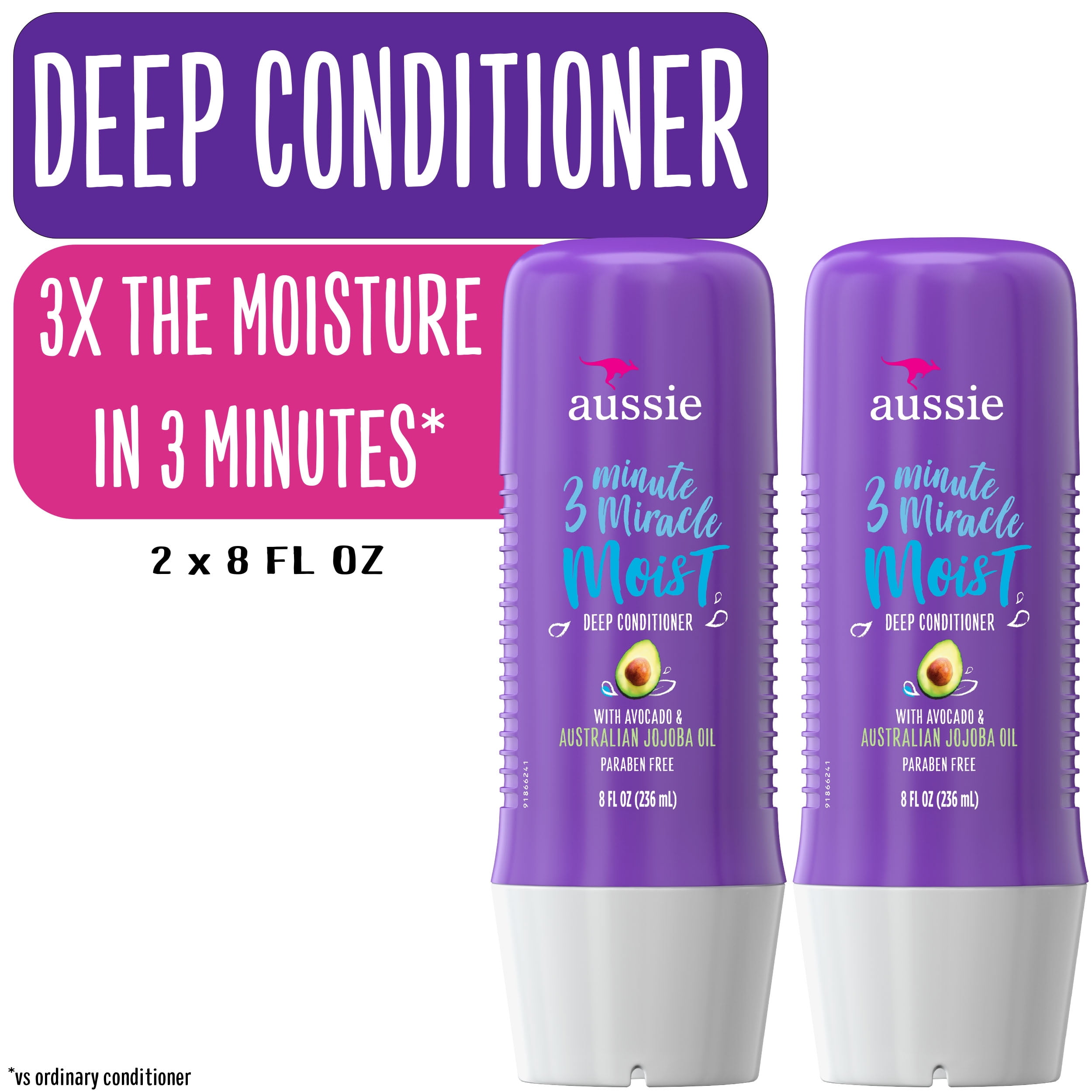 Aussie 3 Minute Miracle Moist Conditioner, Paraben Free, Twin Pk, 8.0 fl oz