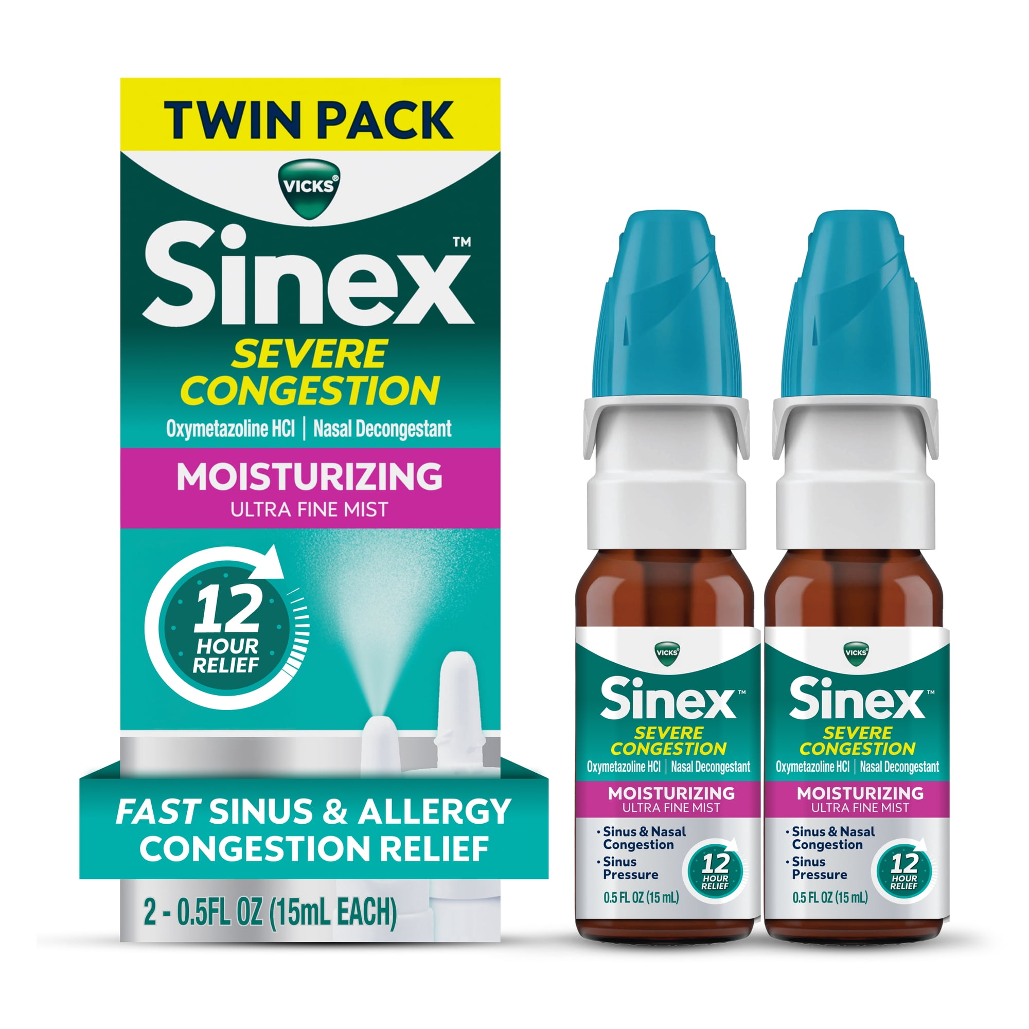 Vicks Sinex Severe Moisturizing Ultra Fine Nasal Mist with Aloe, 265 Sprays x 2