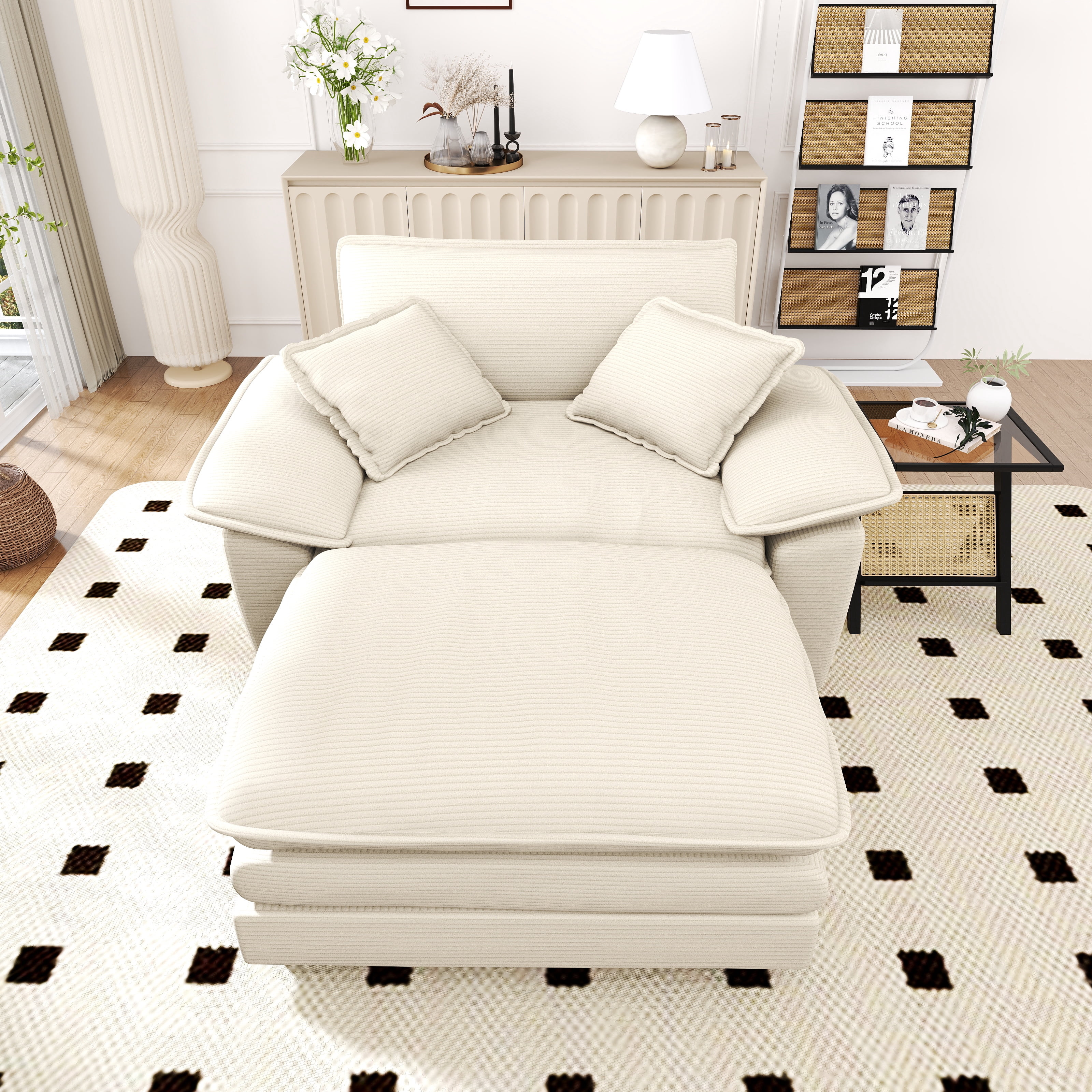 Lunale Oversized Lounge Chair & Ottoman Set - 48" Cloud Corduroy Accent Armchair for Modern Living/Bedroom, Beige Corduroy