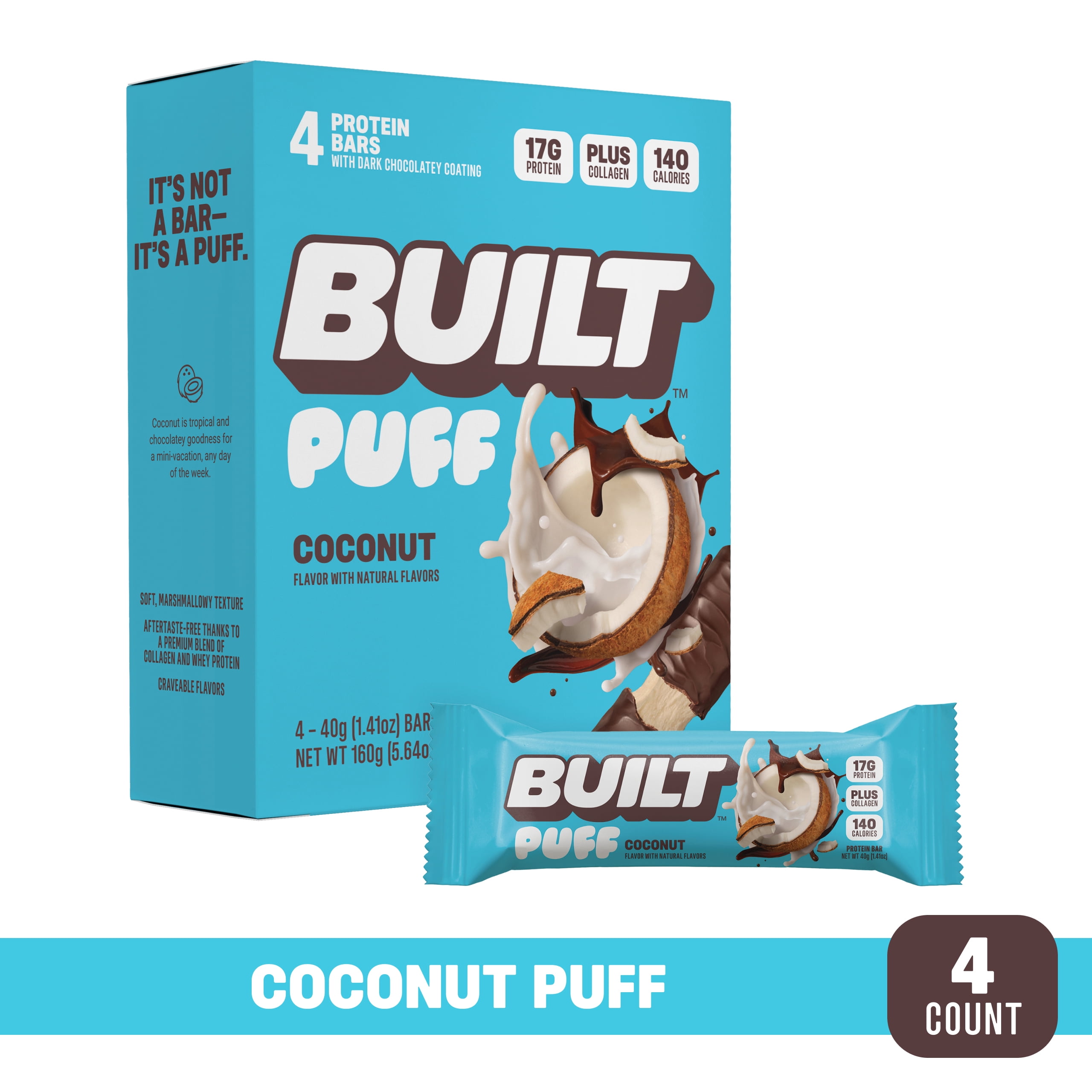 BUILT Puff Protein Bar, Coconut, 17g Protein, Collagen, 140 Calories, 4 Count Box, 1.41 oz Bars