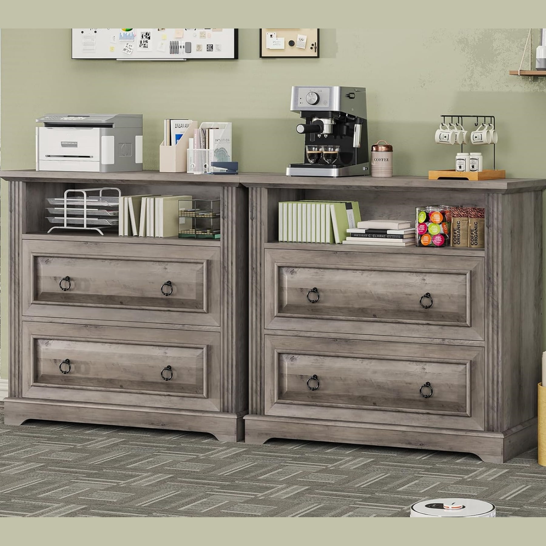 2 Drawer File Cabinet, Farmhouse Filing Cabinet for Home Office Fits Letter, Legal, A4 Size, Wood Lateral File Cabinet with Printer Stand, Storage Shelf, Grey