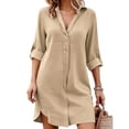 thumbnail image 3 of Makaor Summer Casual Dresses for Women Shift Button Mini Dresses Plus Size 3/4 Sleeve Dress Solid Collared Travel Dress Khaki 2XL, 3 of 8