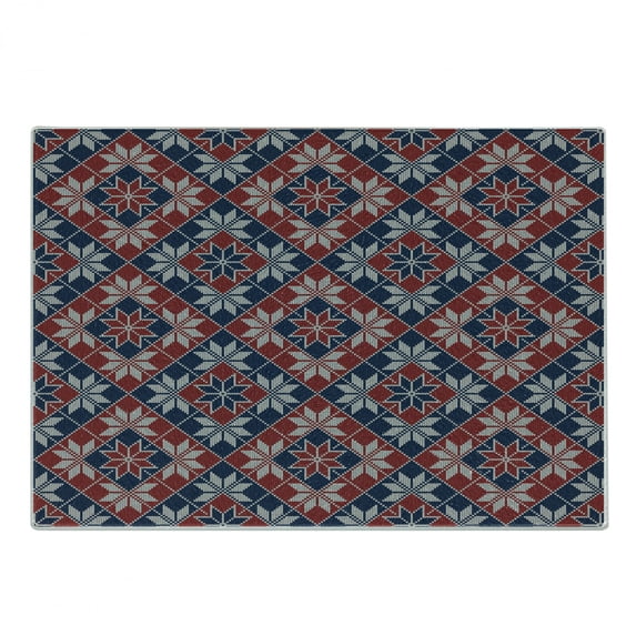 Nordic Cutting Board, Wool Knit Pattern with Tartan Geometric Stripes Flower Print, Decorative Tempered Glass Cutting and Serving Board, Small Size, Ruby Dark Blue Coconut, by Ambesonne