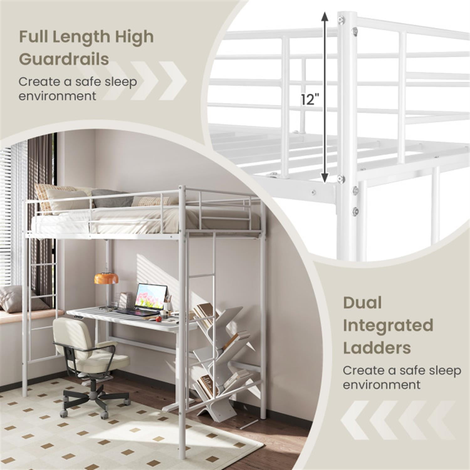Demi Bonn Metal Twin Loft Bed Frame with 2 Ladders Full-length Guardrail for Teens, White