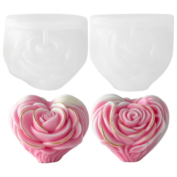 JDH 2PCS 3D Heart-shaped Rose Candle Silicone Molds for Making Candle Resin Pillar Aromatherapy Gypsum Candles Wax Soap Flower Specimen Clay Craft Gypsum Ornament Decoration Valentine's Day Gift