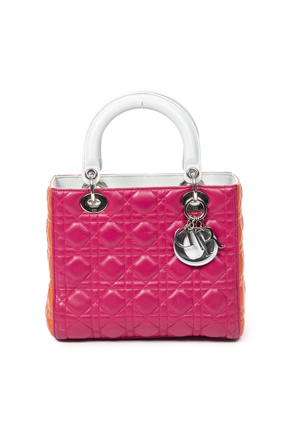 Pre-Owned Dior Fuchsia/Orange/Light Gray Medium Tricolor Lady Dior Shoulder Bag
