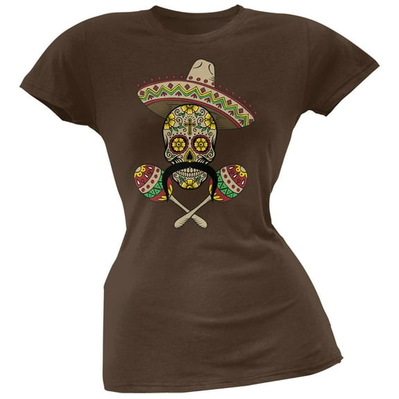 Cinco de Mayo - Sombrero Skull Maracas Crossbones Brown Soft Juniors T-Shirt - 2X-Large