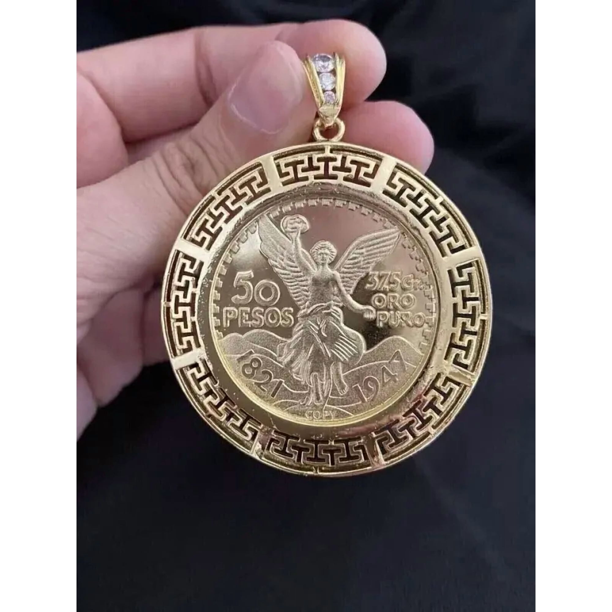 Aishvi Jewels 1 CT Round Cut Lab Created Design 50 Pesos Moneda Mexican Coin Pendant 14k Yellow Gold Plated 18'' Free Chain