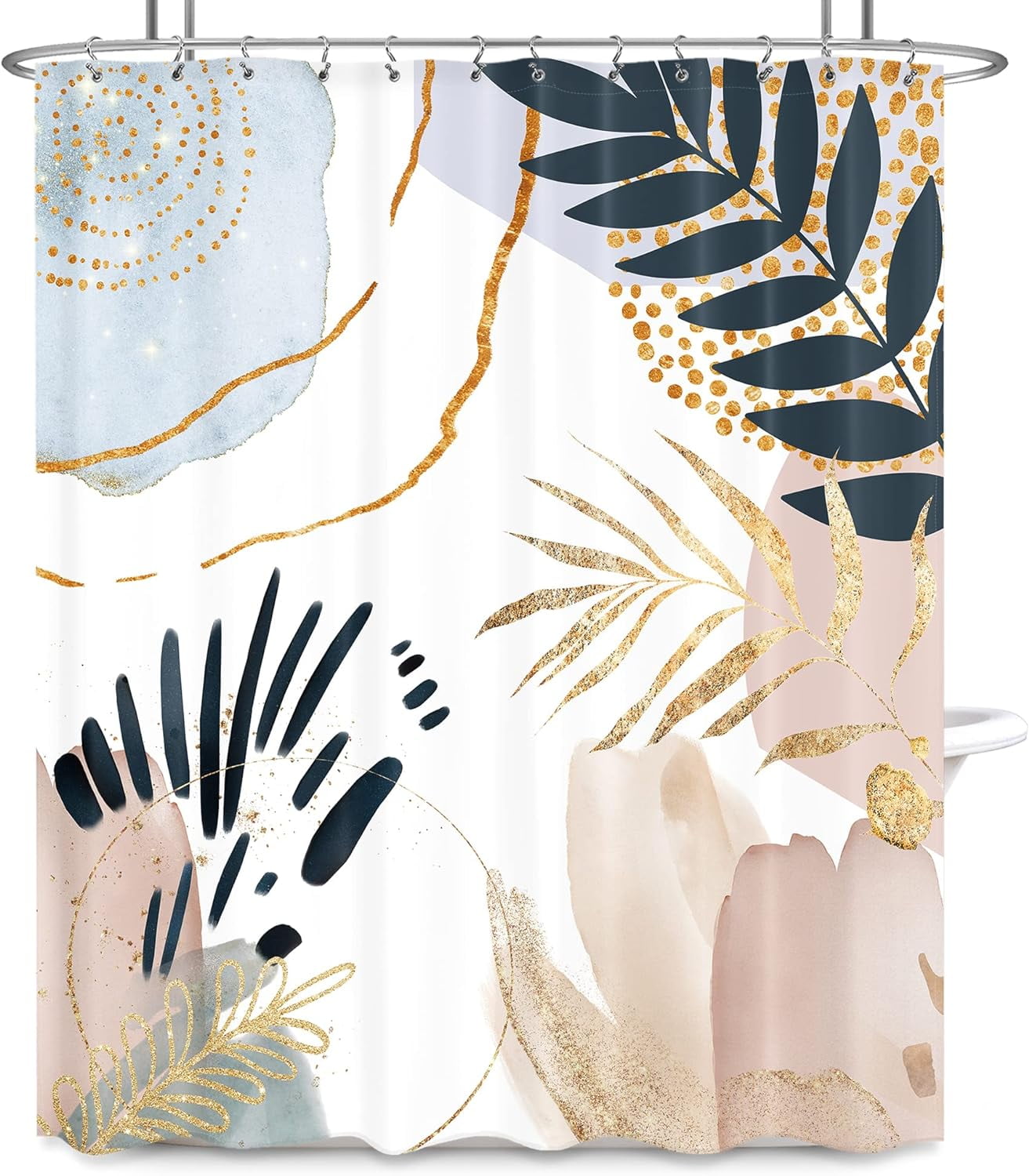 Abstract Mid Century Shower Curtain 72Wx84H Inches Extra Long Boho Pastel Geometric Golden Leaves Minimalist Modern Aesthetic Bathroom Home Decor Fabric Waterproof Polyester with Hooks