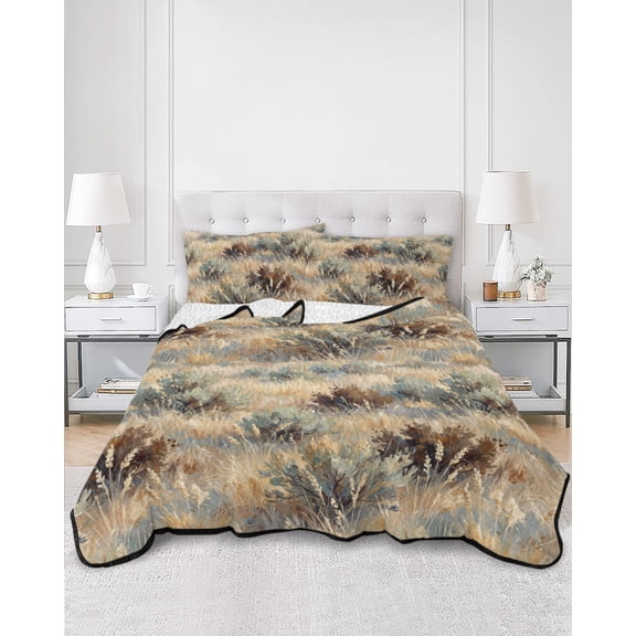 Quilts Queen Size, Watercolor Wilderness Art Soft Comforter Bedding Set for Bed, Oil Painting Western Grass Lightweight Quilted Bedspread with Pillow Cover(2 Pieces) for All Season, 90x96 Inch