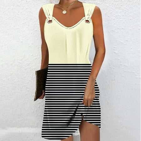 Usdian Graduation Dress V-Neck Sleeveless Tank Dresse Regular Fit Tank Dresse Fit and Flare Dresses Comfy Printed for Outdoor Yellow XL Clearance only One Month