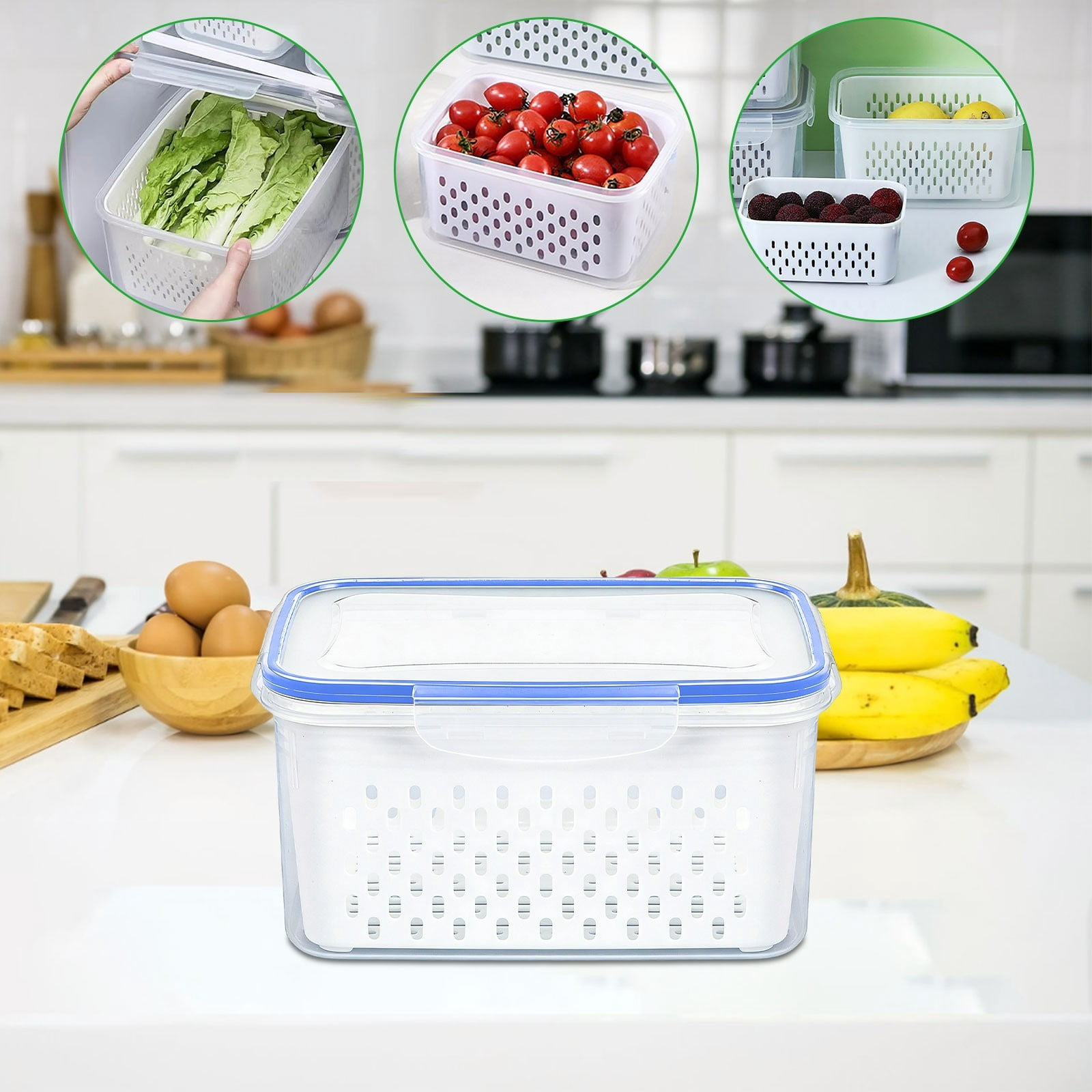 COM1950s Produce Storage Container With Colander Set, Airtight Food Storage Containers for Fridge, Leak-Proof Fruit and Vegetable Keeper, Stackable Refrigerator Organizer for Berry and Greens