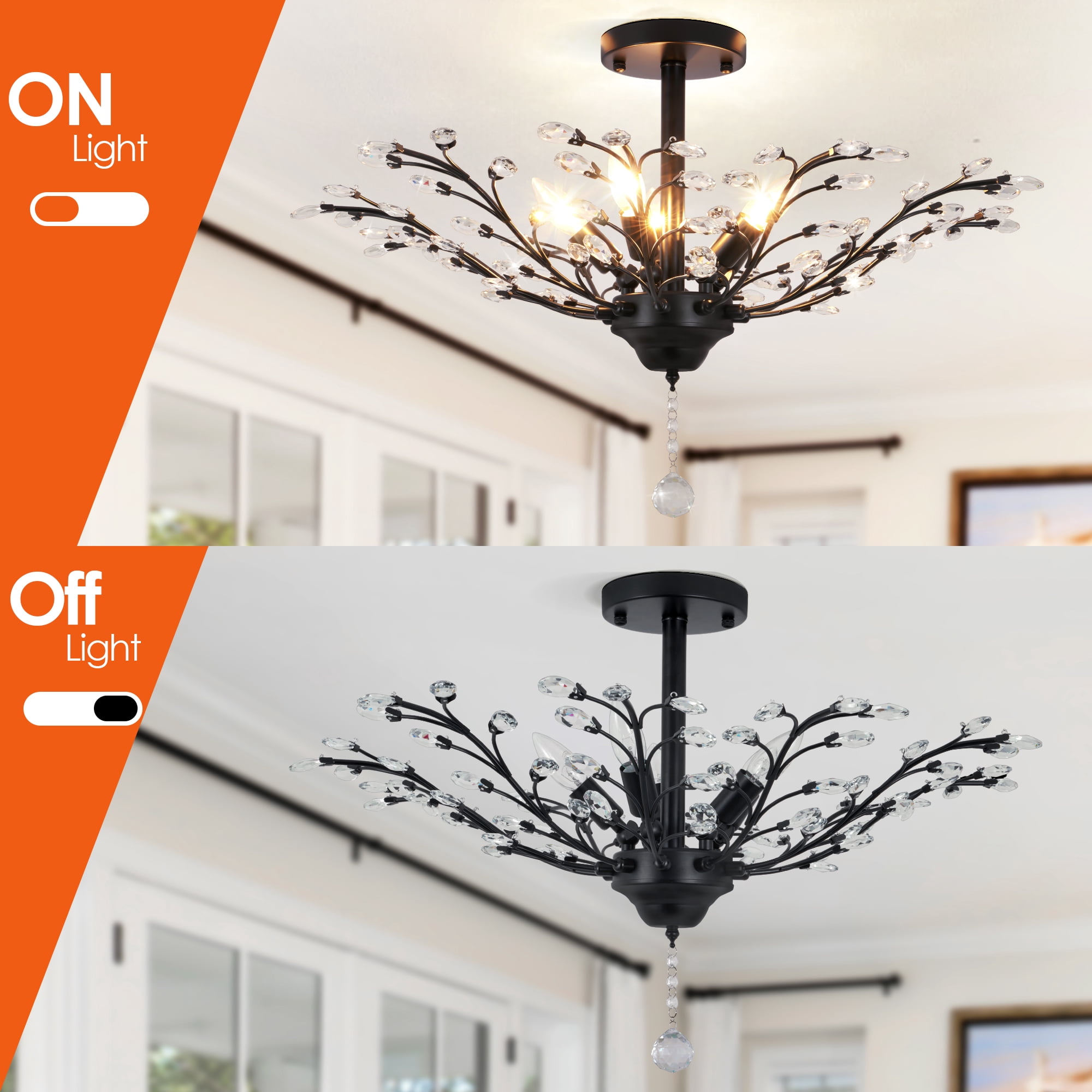 Vintage Large Crystal Branches Chandeliers Black Close to Ceiling Light Flush Mount Fixture with 5 Light