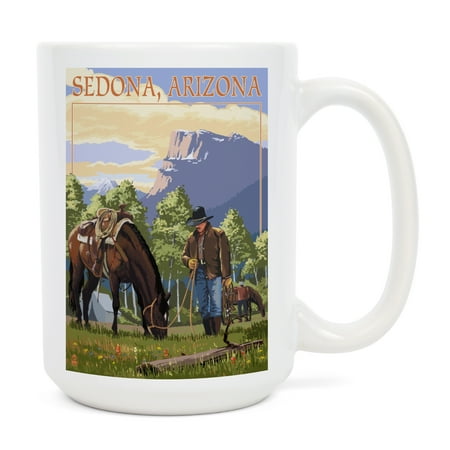 

15 fl oz Ceramic Mug Sedona Arizona Cowboy and Horse in Spring Dishwasher & Microwave Safe