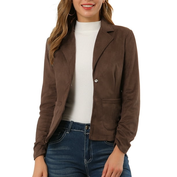Chaqueta de gamuza sintética con cordón delantero abierto informal de manga larga para mujer marrón L
