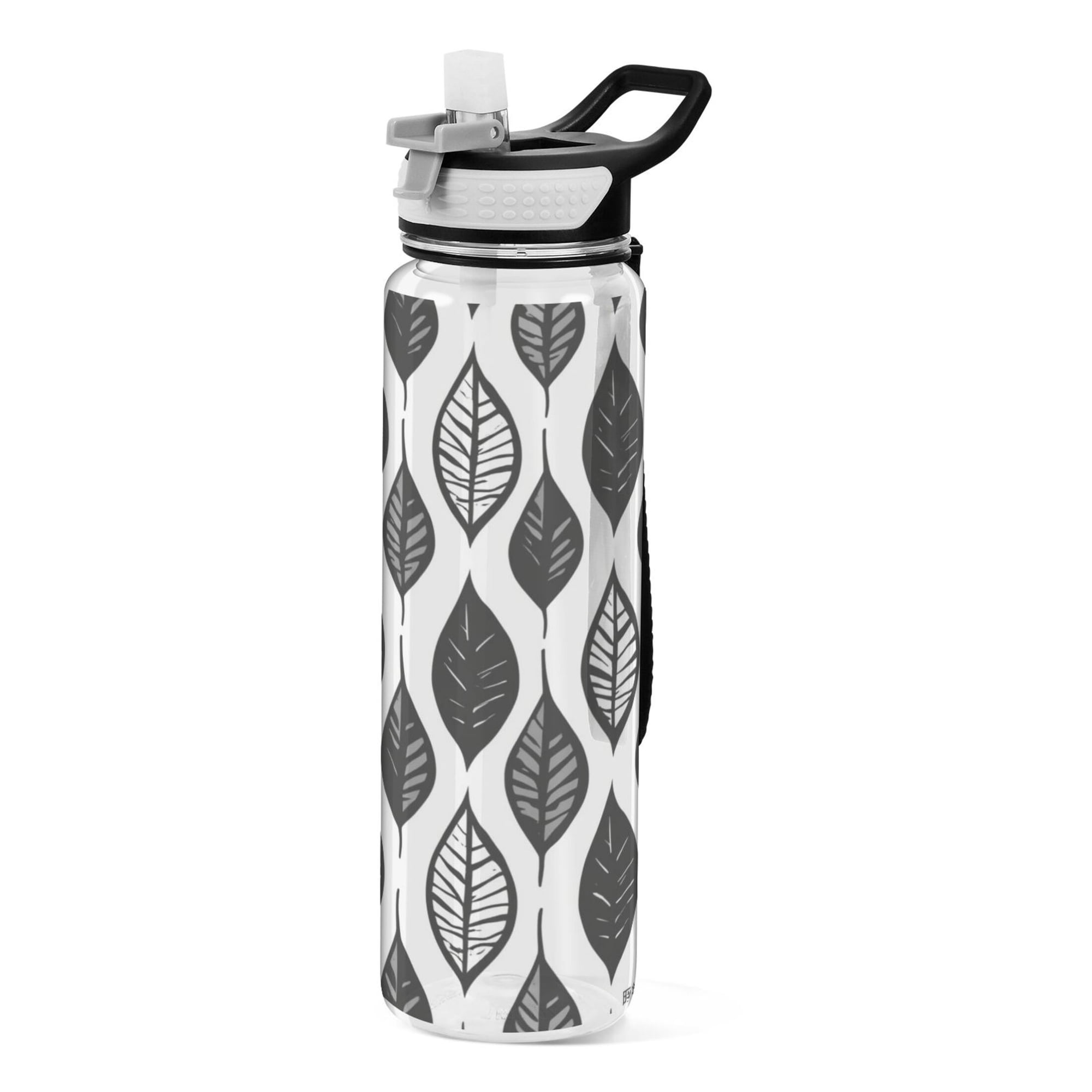 1000ml Clear Water Bottles with Handle and Locking Lid Quality Tritan Sport Bottle Straw for Gym Travel Monochrome Leaf Grid Printed