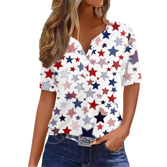 Iaqnaocc 4th Of July Shirts for Women Short Sleeve Button V Neck Independence Day American Flag Stars Tops Vintage Summer Freedom T Shirts for Women Light Blue XL