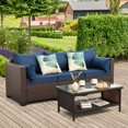 thumbnail image 2 of Patio 3 Seat Sofa Outdoor Wicker Couch with Glass Coffee Table Set, Brown Wicker and Navy Blue Cushion, 2 of 7
