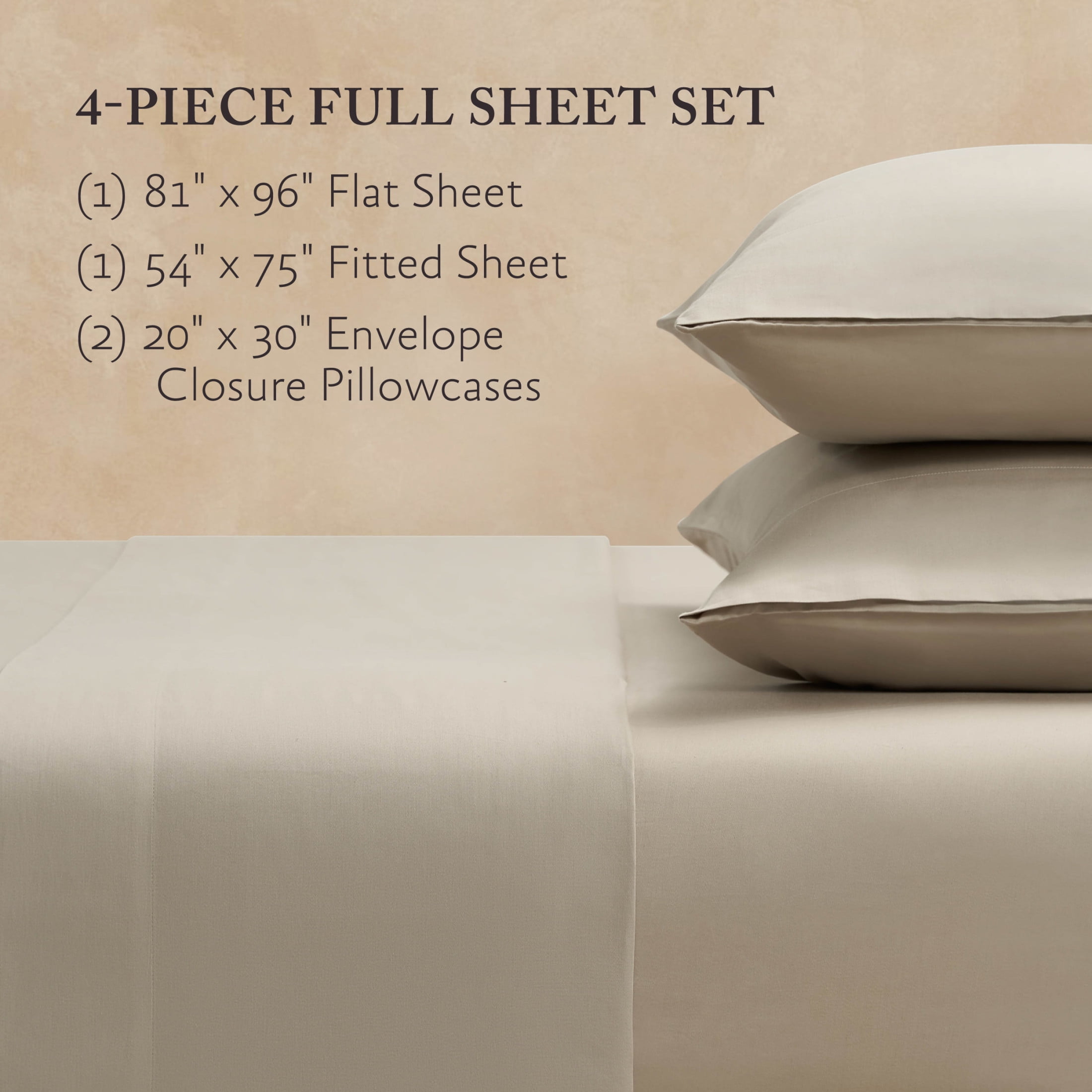Jessica Simpson Blissful Dreams 4-Piece 100% Sateen Cotton Sheet Sets, Full, Linen Brown