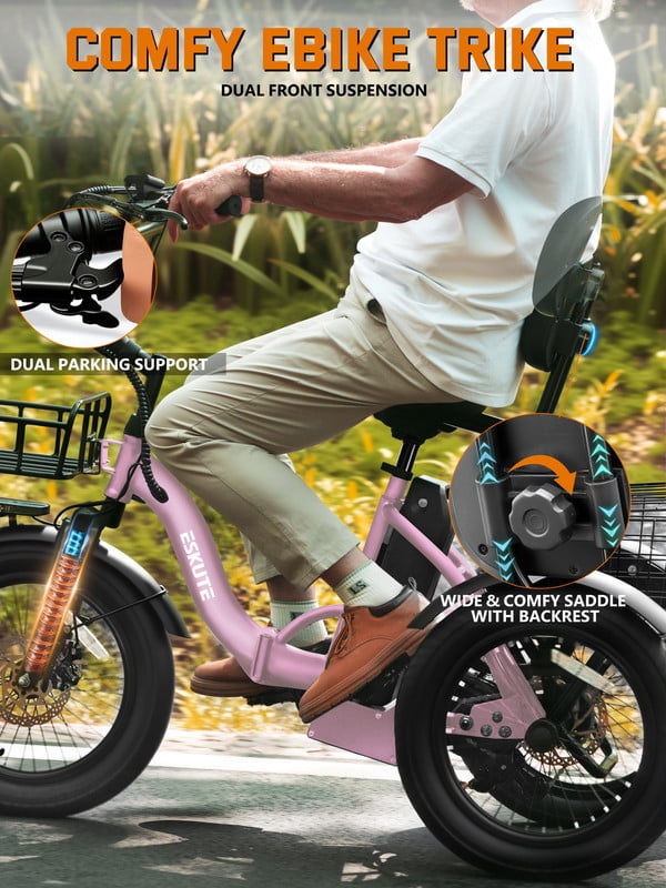 ESKUTE T300 E Trike Electric Tricycle for Adults, 750W Brushless Motor 18MPH+ Fat Tire Folding Trike, Step-Thru 3 Wheel Electric Bicycle, Up to 55 Miles Pink, UL2849