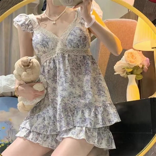 Conjuntos de pijama florales de encaje para mujer, ropa de casa de princesa de manga voladora, moda diaria de verano, temperamento elegante universitario, estilo coreano