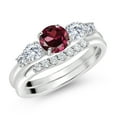 thumbnail image 2 of Gem Stone King 10K White Gold Red Rhodolite Garnet and White Lab Grown Diamond 5 Stone Bridal Engagement Wedding Ring Set for Women (0.91 Cttw, Round: 5MM and 3MM, Size 7), 2 of 6