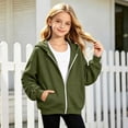 thumbnail image 2 of Girls Solid Color Ruched Sleeve Zip Up Hoodie Jacket, Casual Fleece Lined Pocket Hooded Sweatshirt for Kids Fall Winter Daily Wear(Green,14-15 Years), 2 of 5