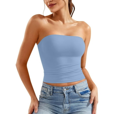 SNKSDGM Female Tank Top for Women with Built in Bra Fitted Womens Ribbed Tank Top Long Womens Sexy Solid Color Crop Top Strapless Bandeau Tube Top Sleeveless Backless Tank Vest Xs