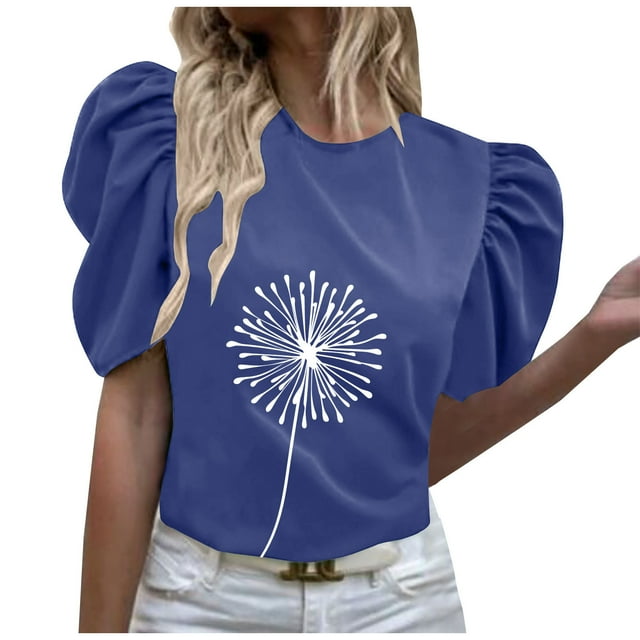 Tops for Women Blouse Habillée à Manches Courtes Bouffantes Imprimée Florale Col Rond Décontractée Confortable pour Sortir Shirts