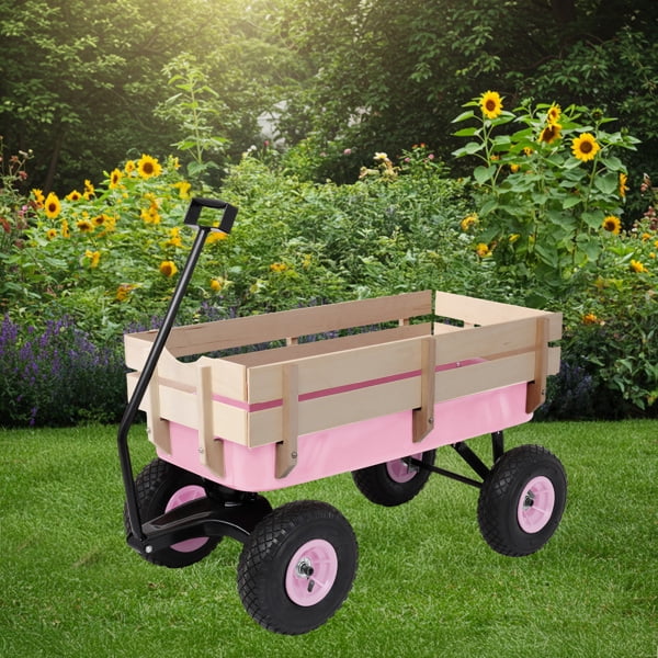 Heavy Duty Steel Wooden Side Support Cargo Wagon with 10" All-Terrain Air Tires, Up to 220lb Load Capacity, for Towing Kids Toys, Gardening Supplies, Pink