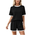 thumbnail image 2 of Usloyux Women's 2 Piece Shorts Set Round Neck Short Sleeve Tshirt Elastic Waisted Shorts Casual Lounge Outfits Solid Basic Matching Set, Black S, 2 of 6